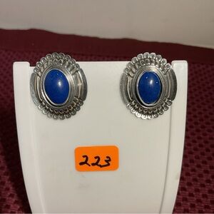 Stamped Sterling Silver Blue Lapis Stone stud earrings 1 inch